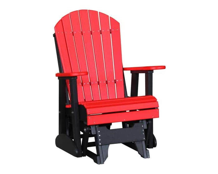 Two-foot Adirondack glider chair in red and black from Salem Structures featuring classic Adirondack styling and smooth outdoor gliding performance.
