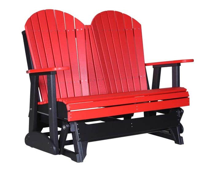 Four-foot red and black Adirondack-style poly glider from Salem Structures with wide armrests, contoured slats, and weather-resistant poly lumber.