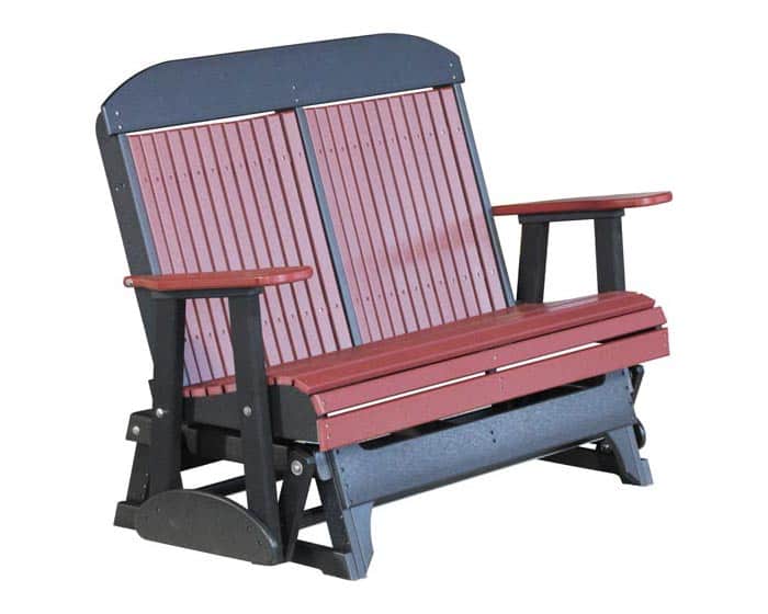 Four-foot classic poly glider in cherrywood and black from Salem Structures, offering contoured seating, wide armrests, and long-lasting poly lumber design.