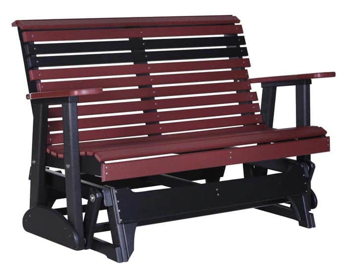 Four-foot cherrywood and black poly glider bench from Salem Structures, designed for smooth outdoor gliding and long-lasting poly lumber durability.