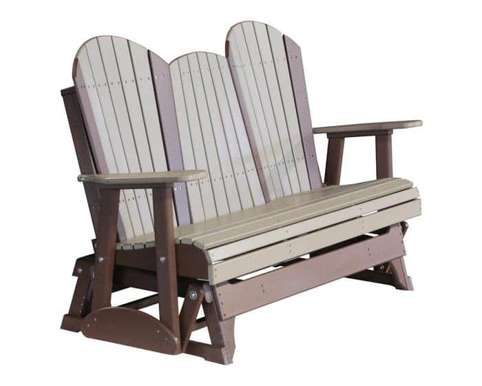 Five-foot Adirondack-style glider in weatherwood and chestnut brown from Salem Structures, featuring wide-back Adirondack slats and smooth gliding motion.