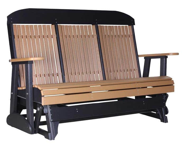 Five-foot classic poly glider in cedar and black from Salem Structures with high-back slatted design and durable, low-maintenance poly construction.