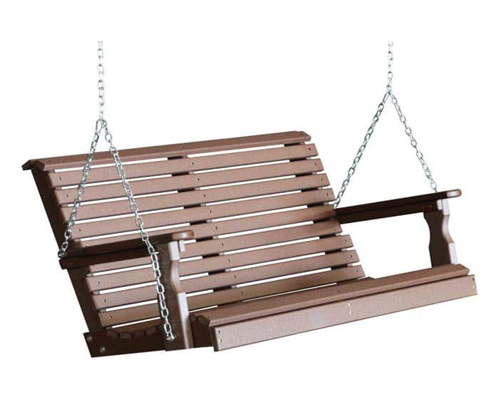 Four-foot plain poly porch swing in chestnut brown from Salem Structures featuring maintenance-free poly lumber construction and hanging chains.