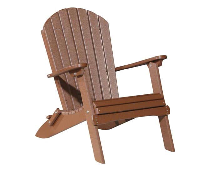 Chestnut brown poly folding Adirondack chair from Salem Structures, durable outdoor seating designed for patios, decks, and backyard relaxation.