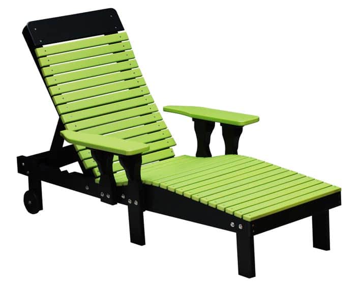 Lime green and black poly lounge chair from Salem Structures featuring adjustable backrest and durable outdoor poly lumber construction.