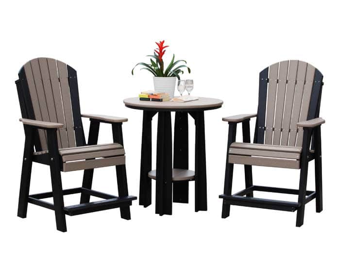36-inch poly balcony table set with two weatherwood and black Adirondack balcony chairs from Salem Structures, designed for outdoor patio or deck seating.