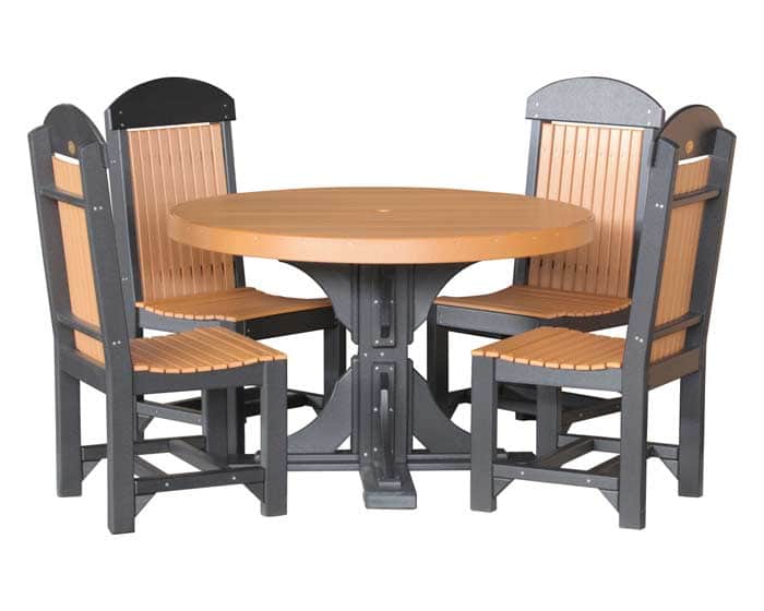 4-foot round poly outdoor table set in cedar and black from Salem Structures, paired with four matching poly dining chairs for backyard or patio use.