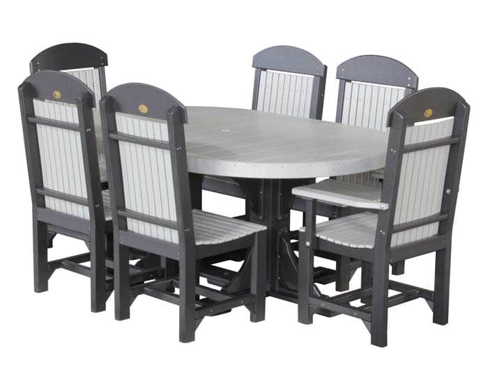 4x6 poly outdoor oval dining table set in dove gray and black from Salem Structures, shown with six matching poly dining chairs.